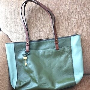 Fossil Green Leather Tote Bag